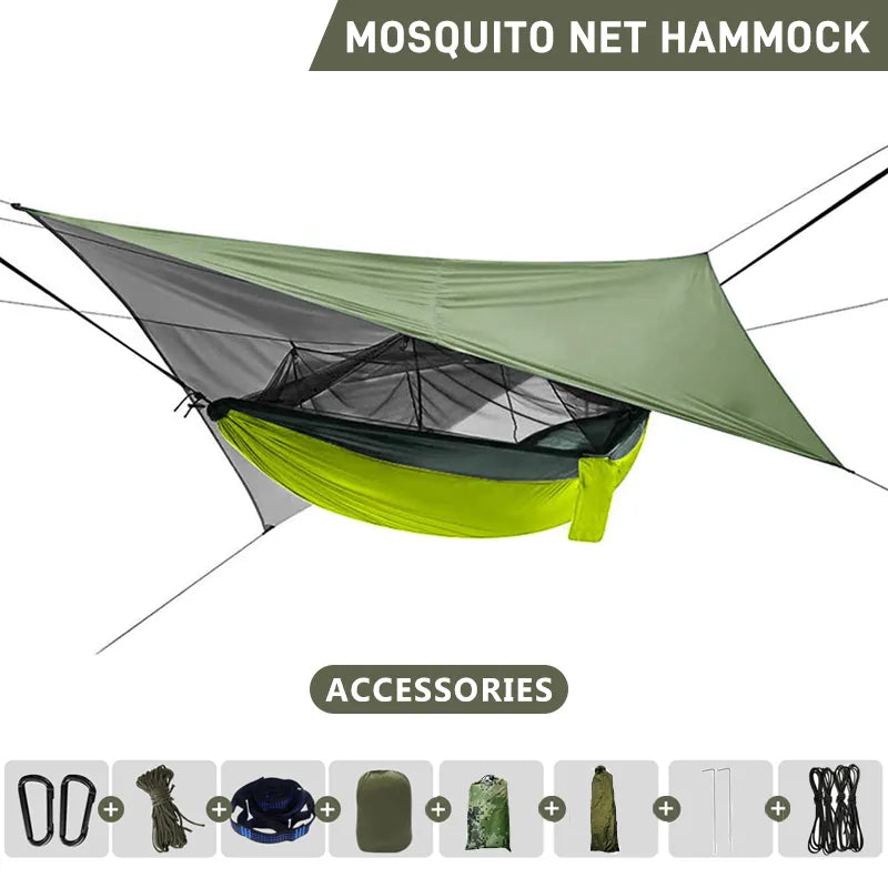 Hamac de camping double 260x140cm, léger, avec moustiquaire et bâche anti-pluie, parachute, pour les voyages et la randonnée