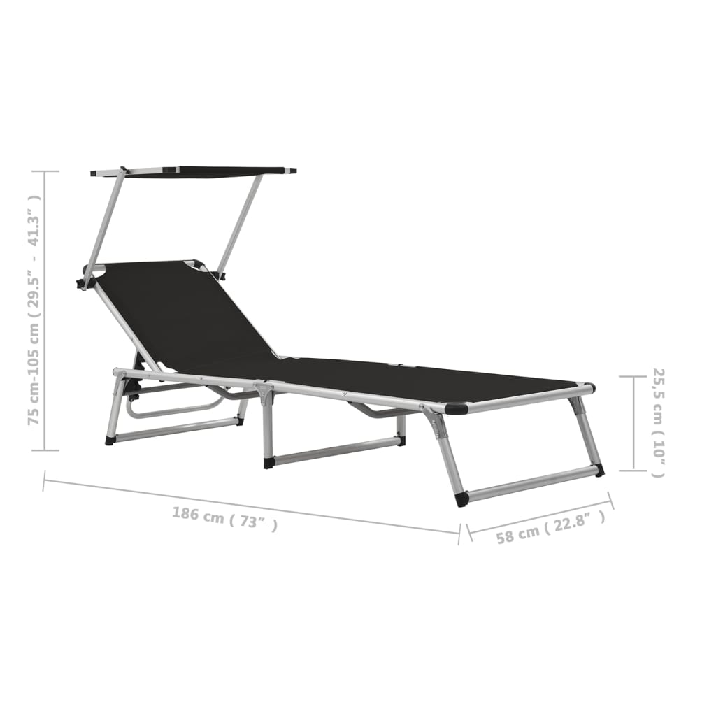 Chaise longue pliable avec auvent Aluminium et textilène Noir