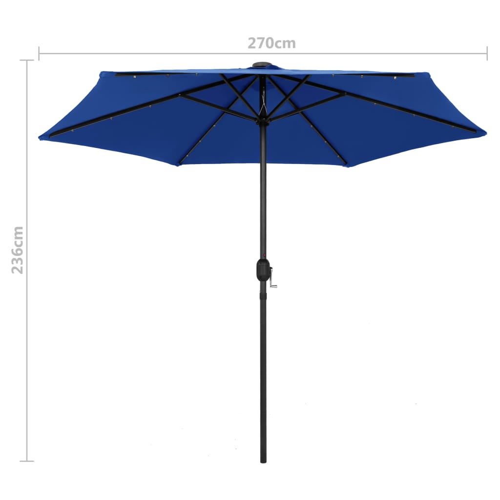 Parasol avec LED et mât en aluminium 270 cm Bleu azuré