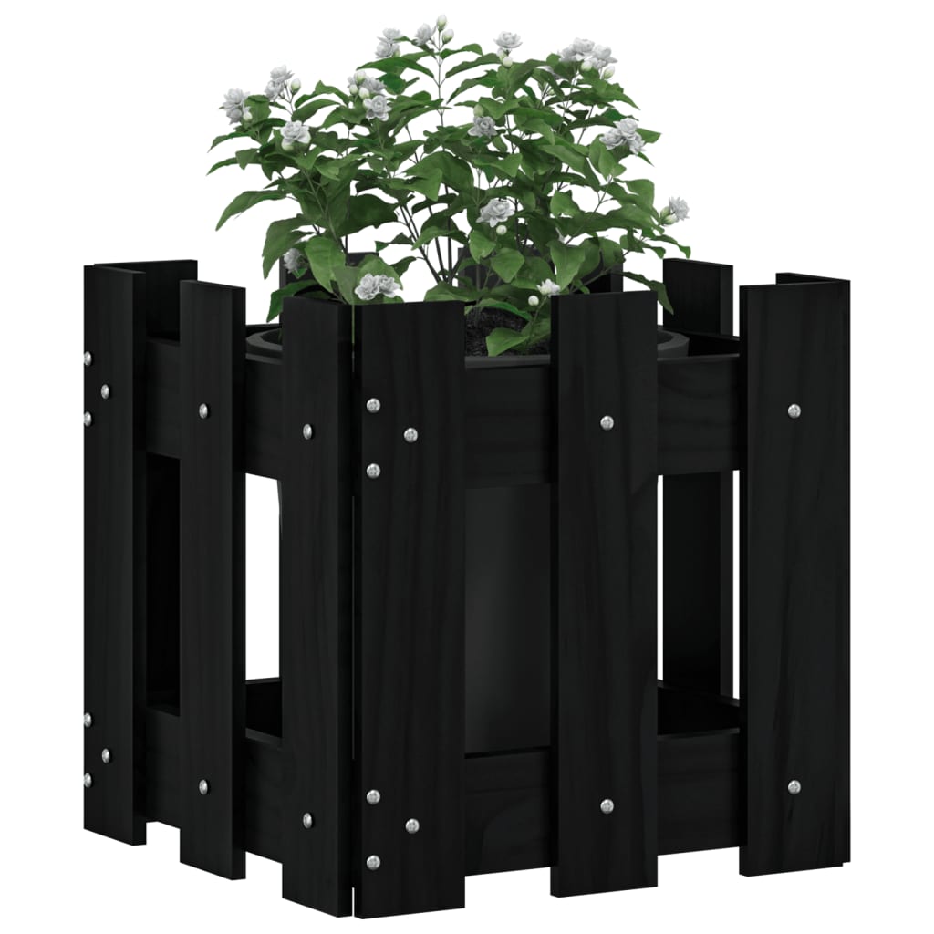 Jardinière avec design de clôture noir 30x30x30 cm pin massif